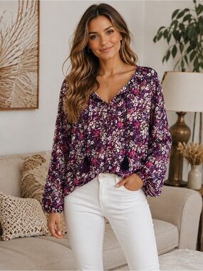 Lovesoft Floral Tassel Tie Blouse Women’s Large Purple Pink Long Sleeve Boho